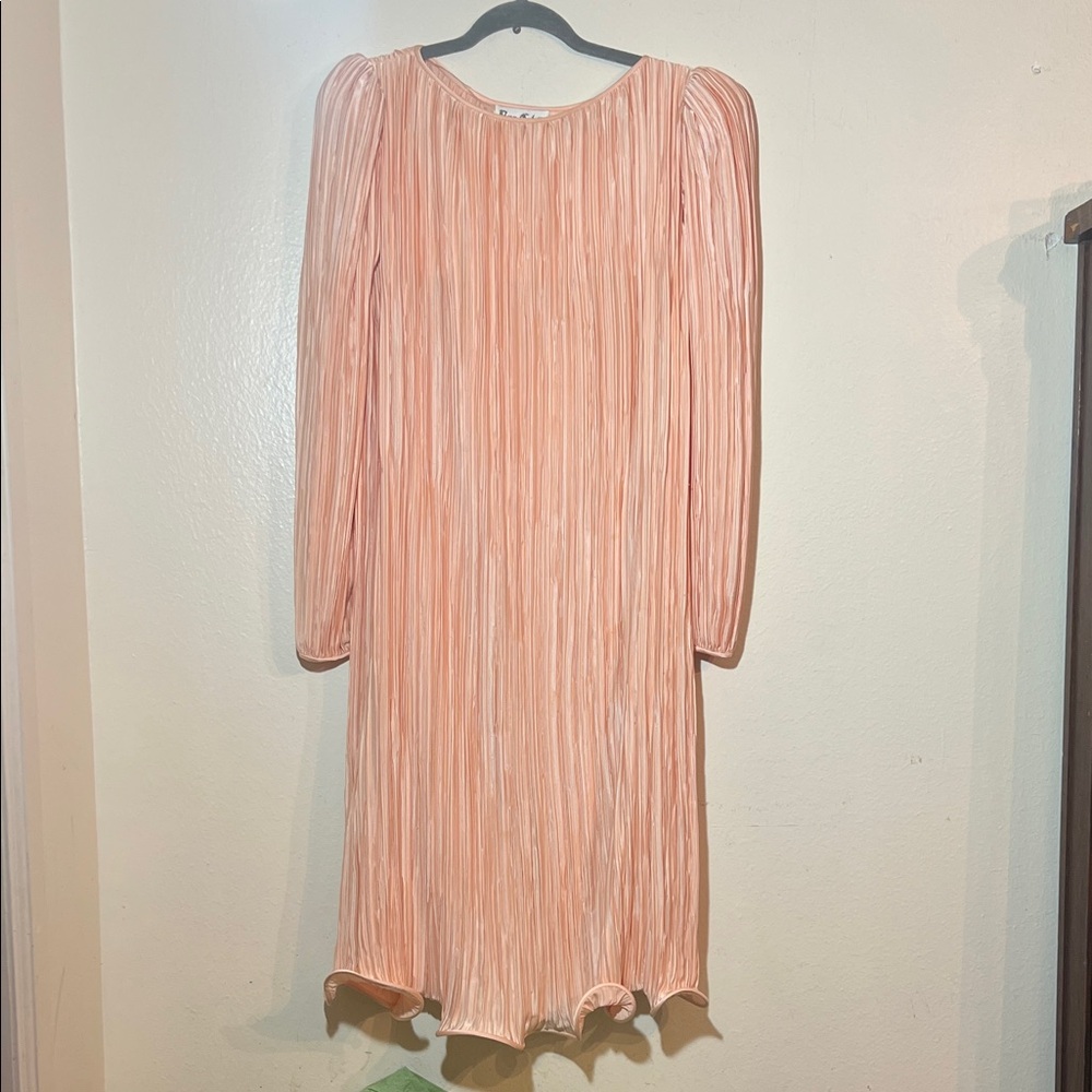 Elegant Blush Pink Long Sleeve Micro Accordion Pleated Dress Wavy Hem S-L